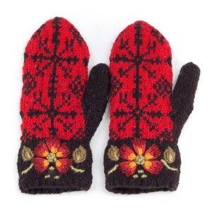 Lost Horizons Eleanor Gloves Hand-Knit Wool Fleece Lined with Floral Embroidery